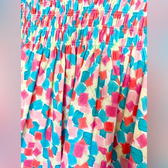 Avara Colorful Watercolor Print Smocked Babydoll Top in Pink, Blue, Green - Picture 3 of 11